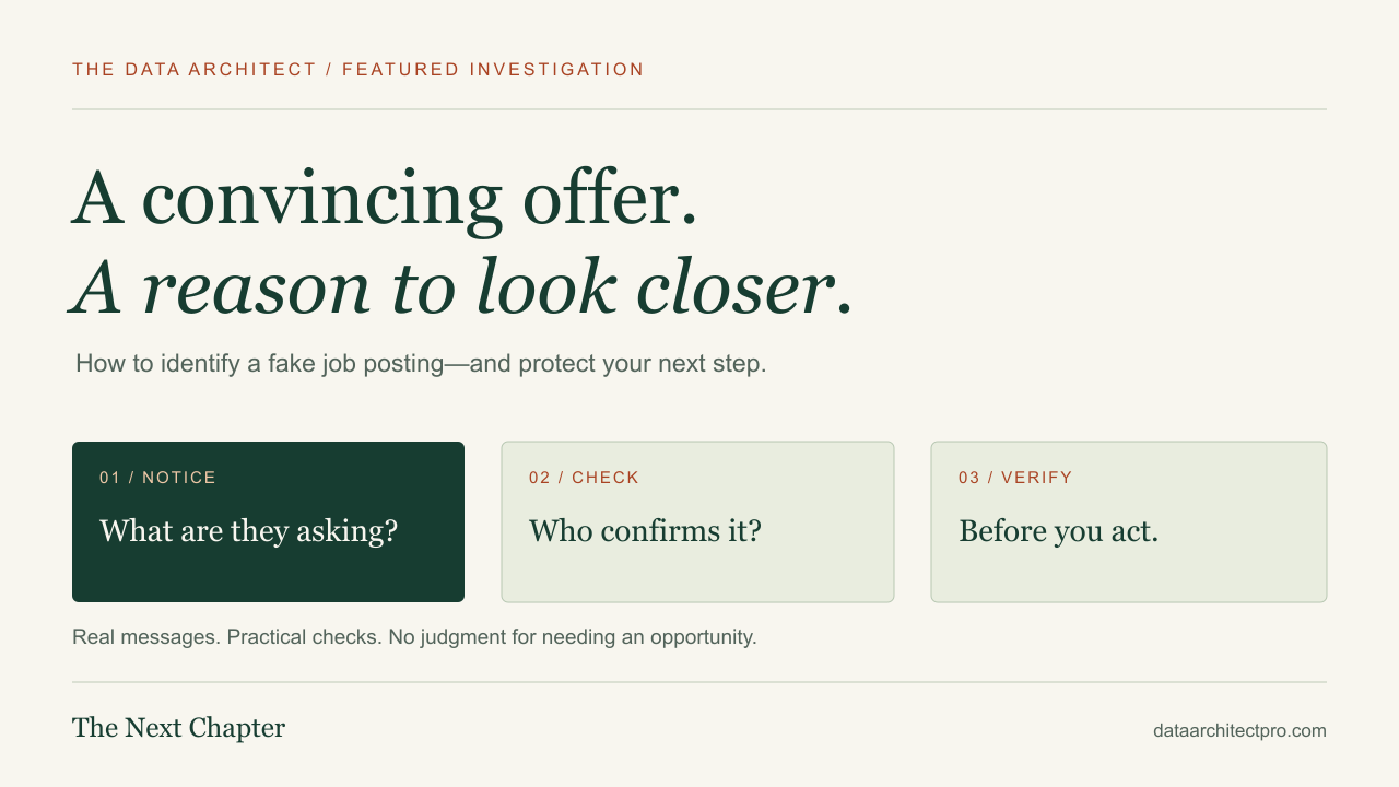 A convincing offer. A reason to look closer. Notice the request, check the source and verify before you act.