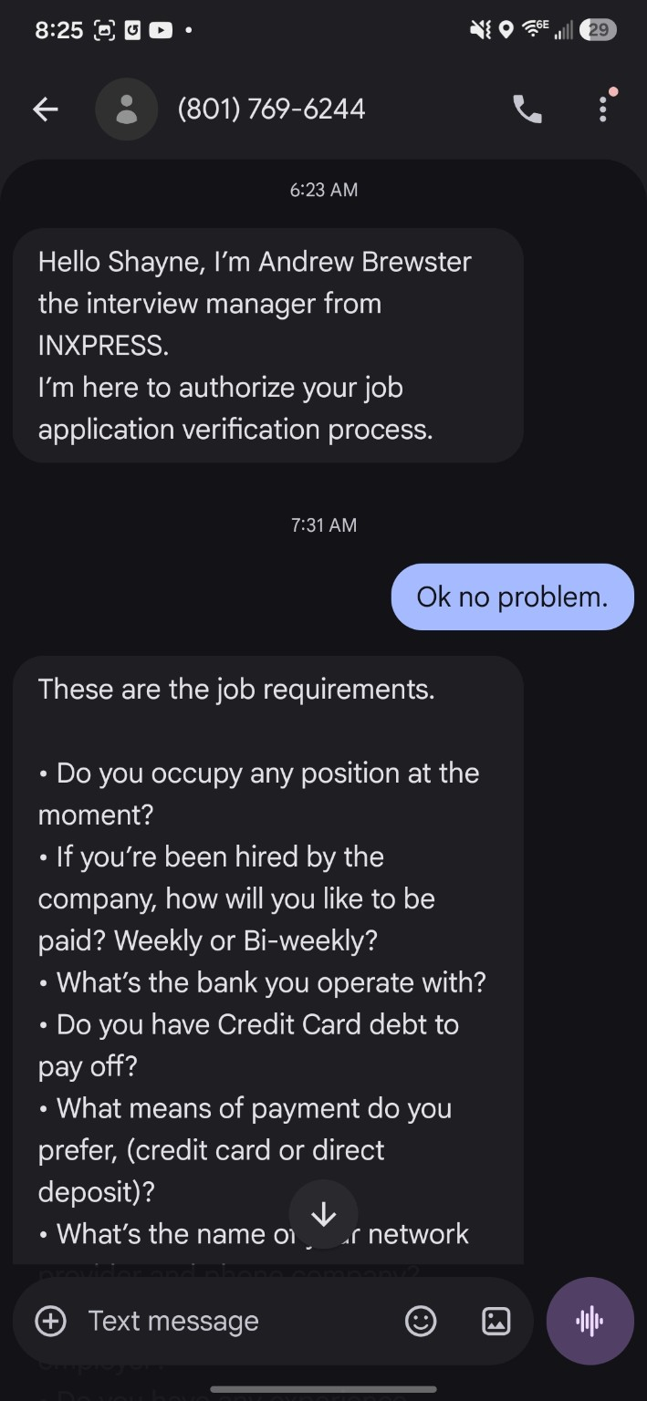 Screenshot 2. Ordinary employment questions appear beside questions about banking, credit-card debt and a wireless provider. The claimed recruiter identity is unverified.
