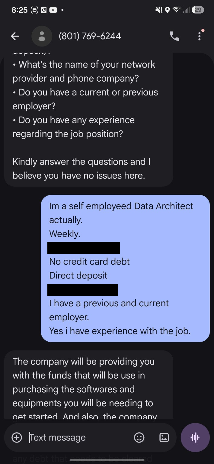 Screenshot 3. My answers are preserved, with only the bank provider and wireless carrier names covered. The equipment-funding claim begins below.