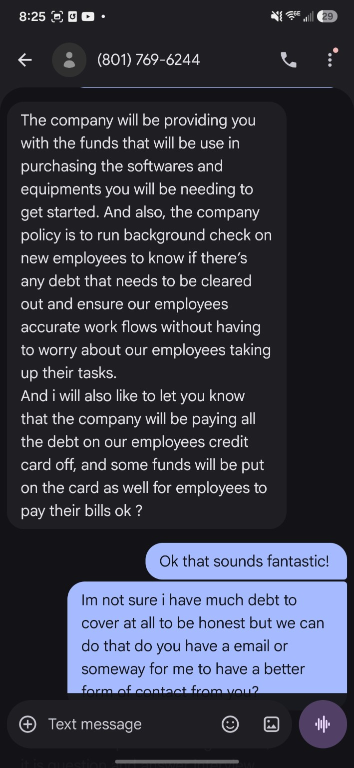 Screenshot 4. The sender says the company will clear employees’ credit-card debt and provide additional funds. This is a claim made in the message, not an established company policy.