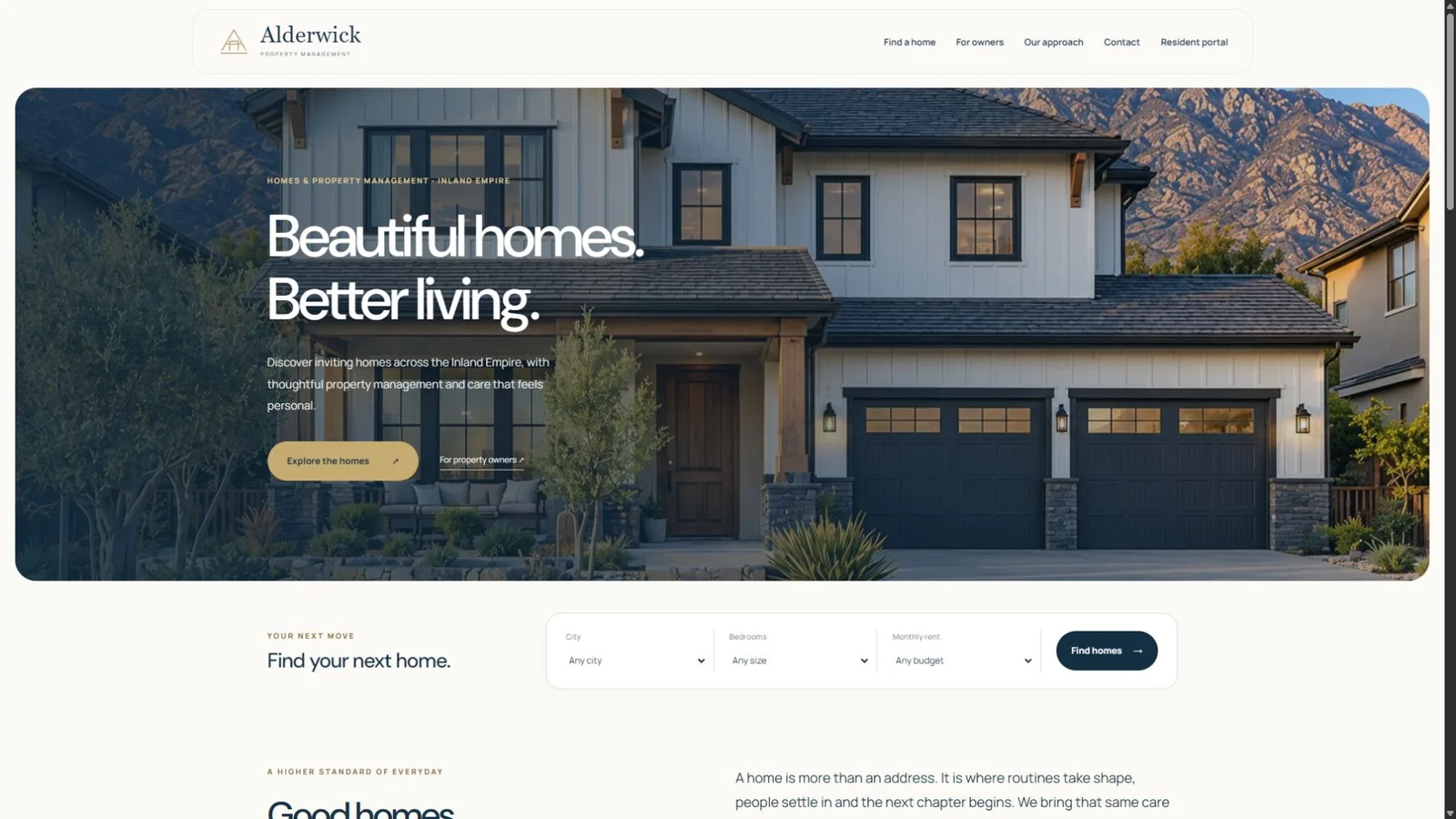 The Alderwick website: a warm ivory layout, navy typography and a large exterior photograph of a home.