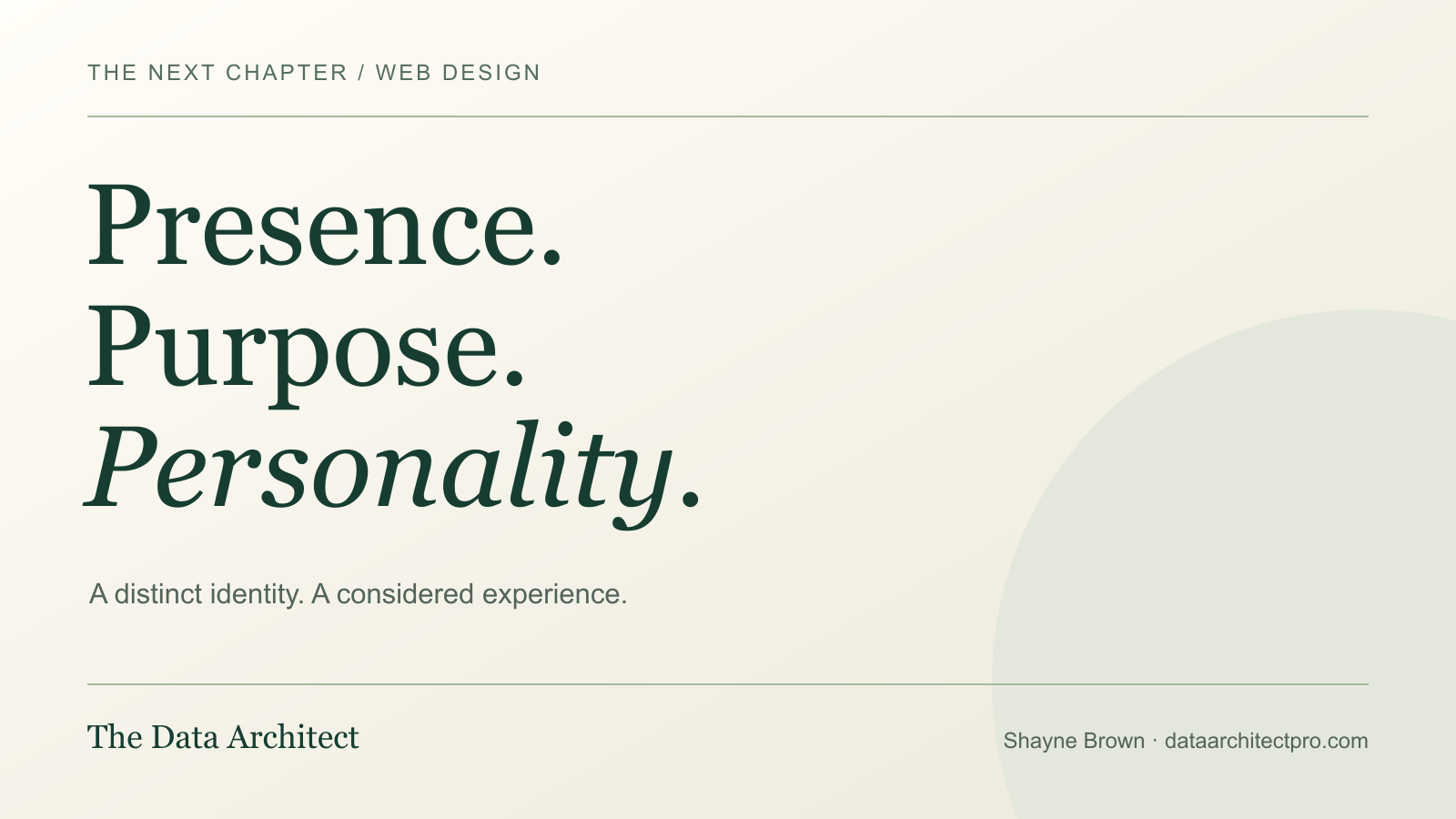 An editorial composition reading Presence, Purpose, Personality in large green serif typography on a warm ivory background.