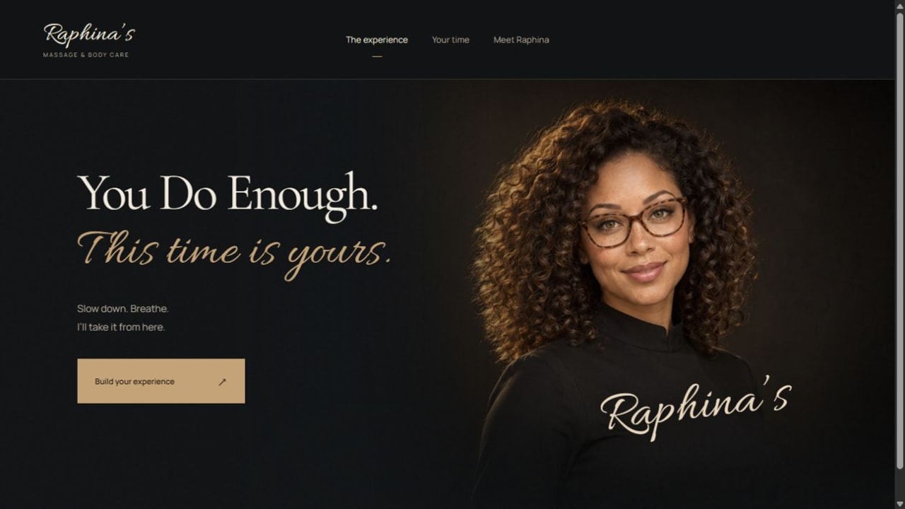 Raphina’s Massage & Body Care website with a charcoal background, gold call to action and a large portrait beside the headline.
