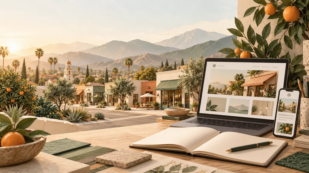 Editorial illustration of an imagined Inland Empire town and a desk with website sketches