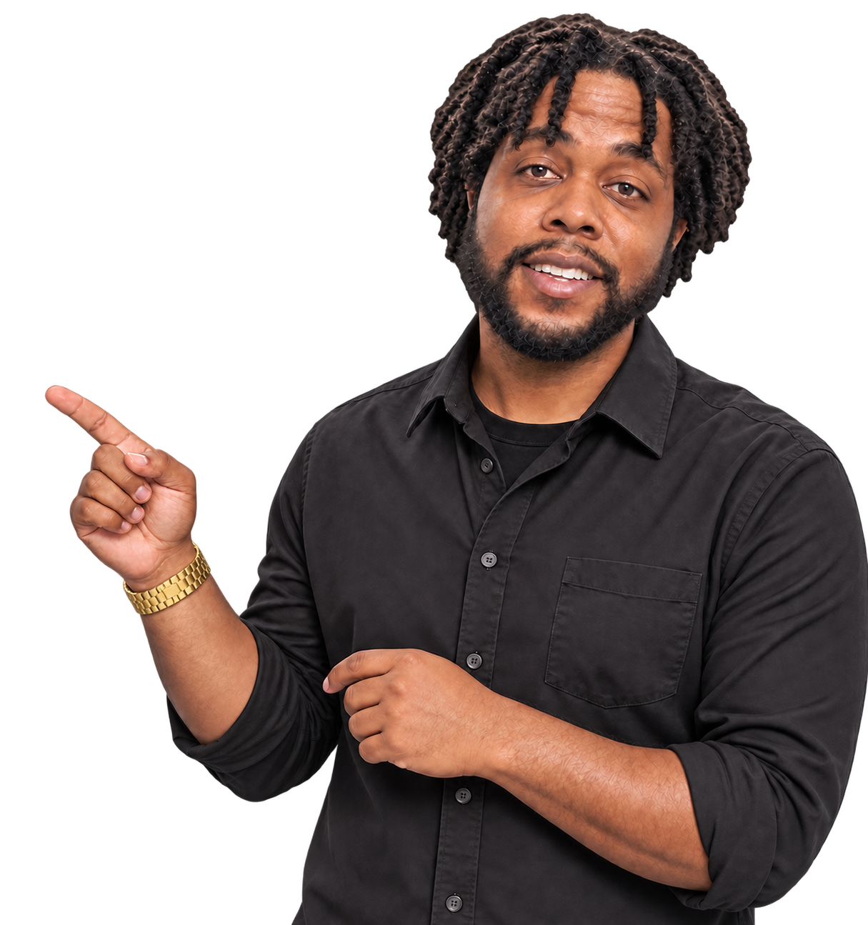 Shayne smiling and pointing toward the feedback invitation, wearing his gold watch