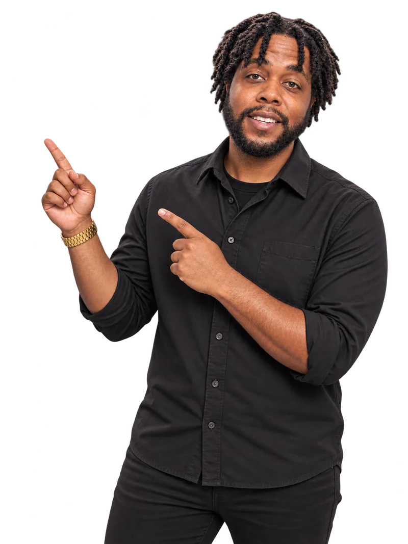 Shayne Brown pointing toward the contact options