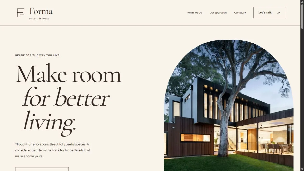 Actual homepage screenshot of Forma Build & Remodel