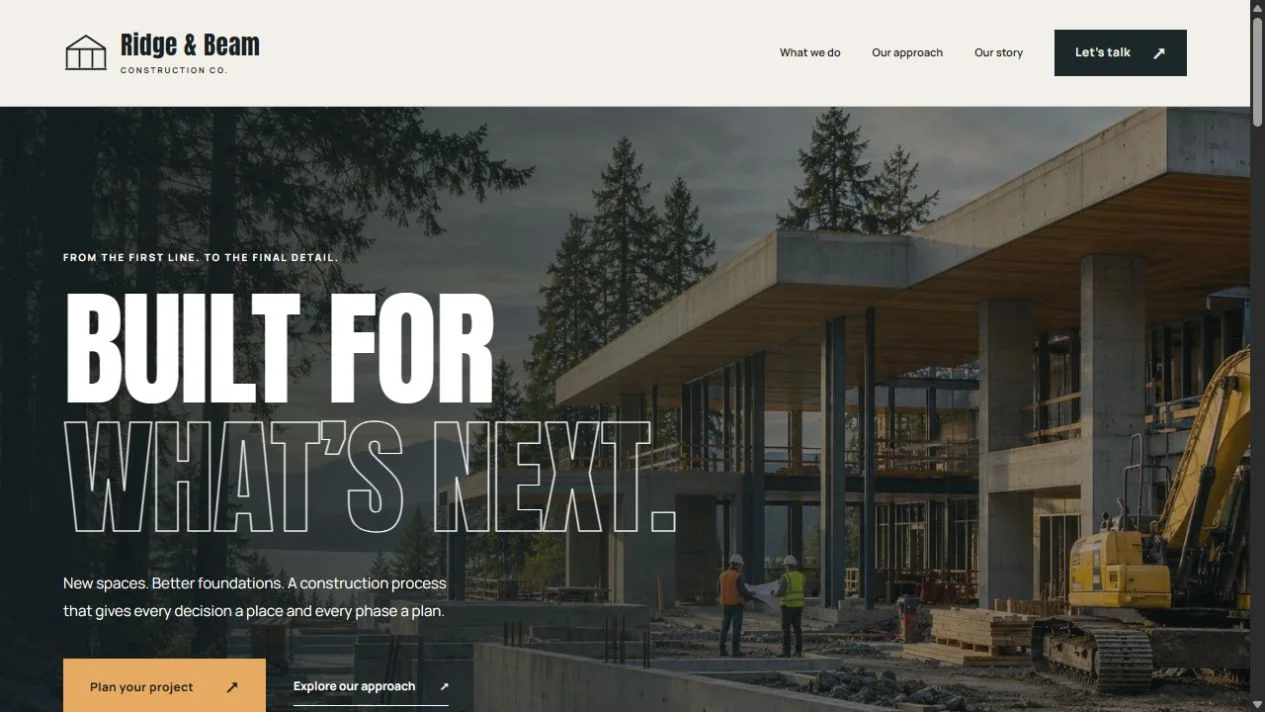 Actual homepage screenshot of Ridge & Beam Construction