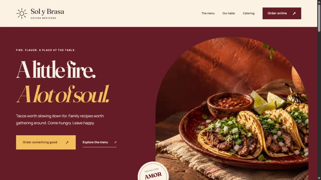 Actual homepage screenshot of Sol y Brasa