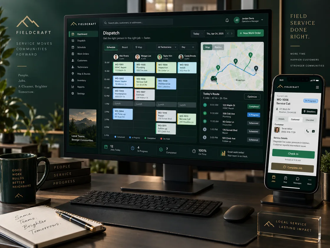 Illustrative field-service dashboard and mobile job view showing how business software can connect office and field work